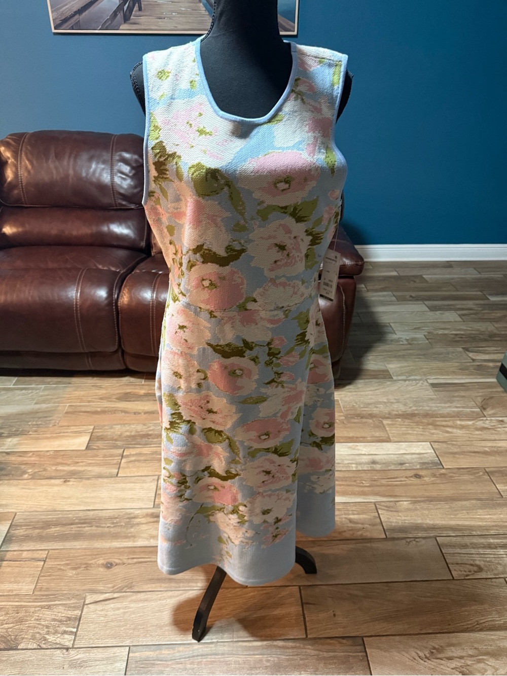 Donna Ricco Sleeveless Floral Midi Dress in Light Blue and Pink